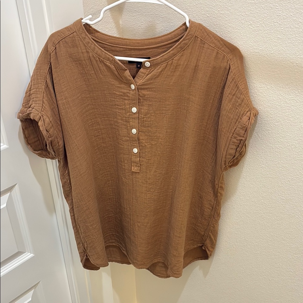 Quince Brown Mandarin Collar Button Down Shirt